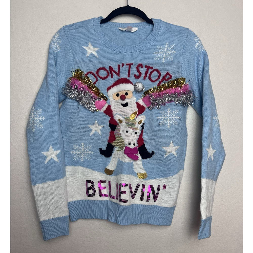 No Boundaries Juniors Christmas Sweater Don't Stop Believin' Ugly Sweater Size S